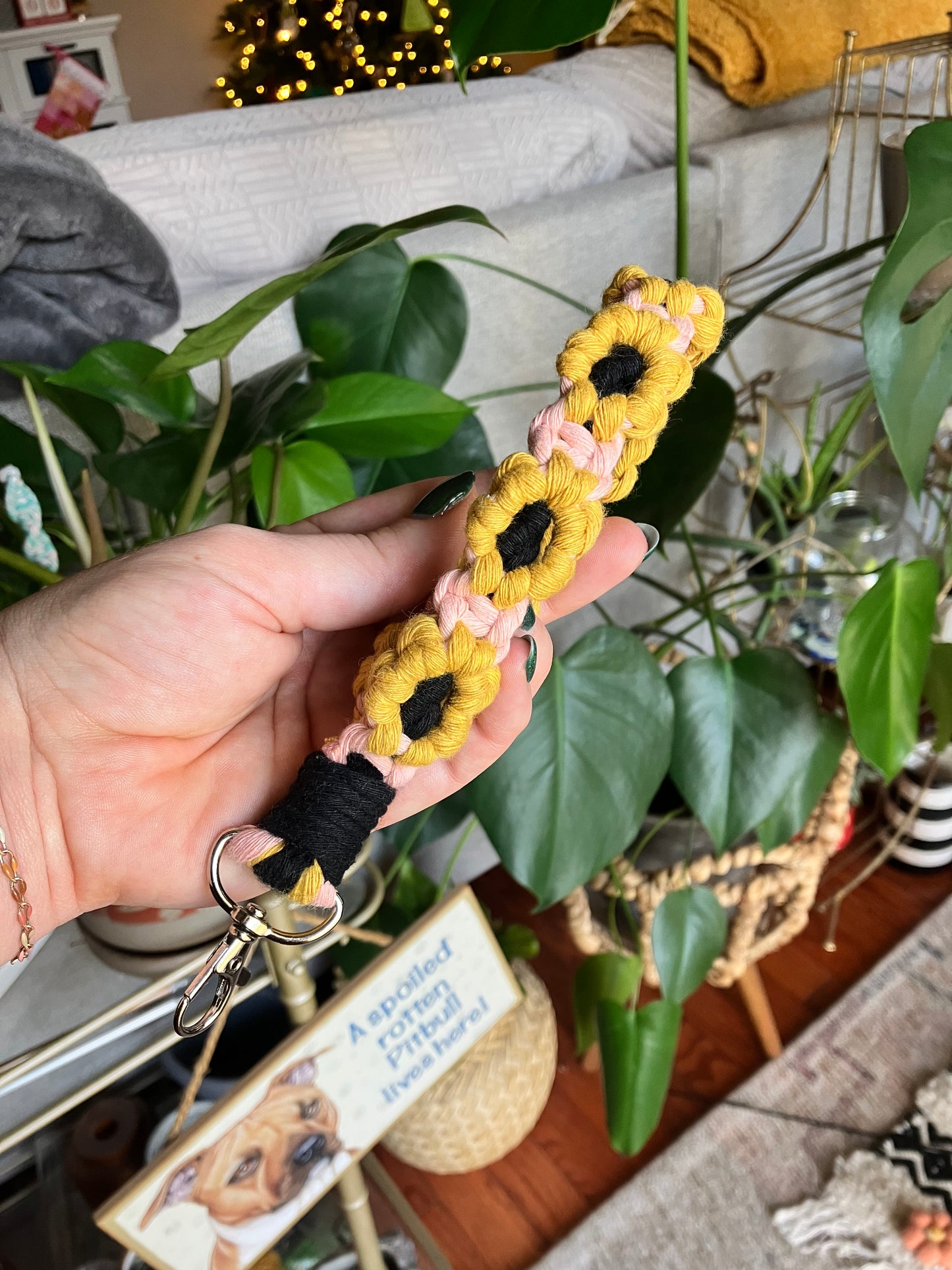 Macrame Sunflower Wristlet Keychain