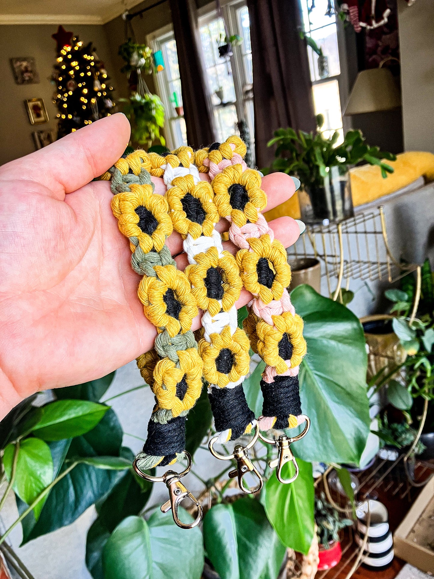 Macrame Sunflower Wristlet Keychain