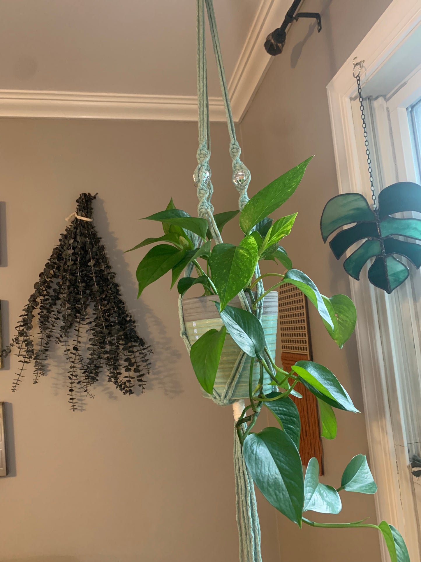 Macrame Hanging Plant Holder with Discoballs
