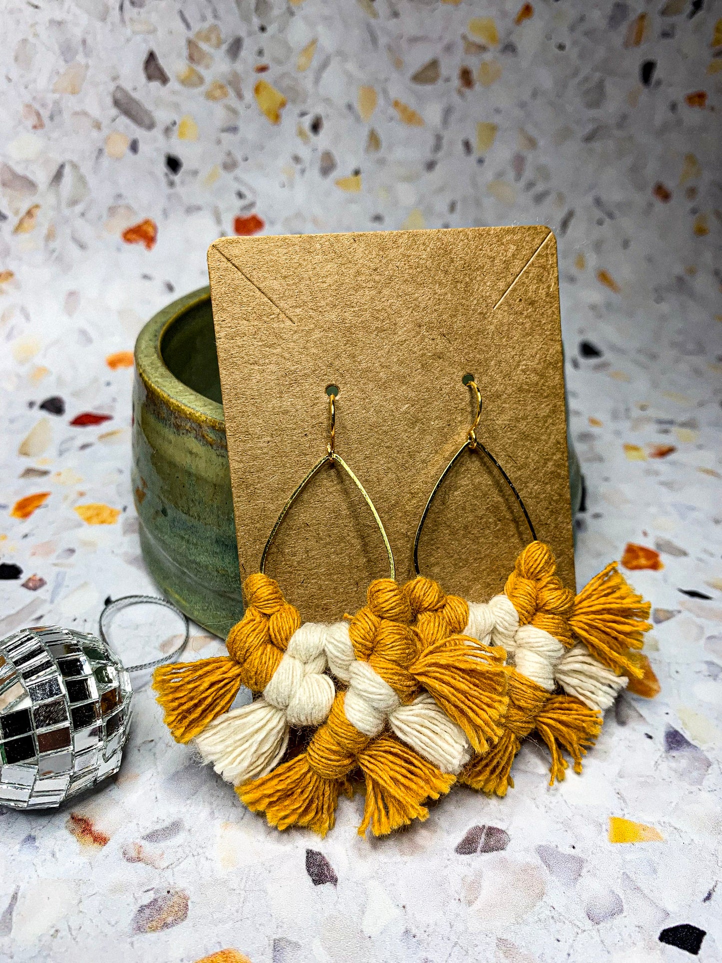 Gold Teardrop Macrame Earrings, Two Tone