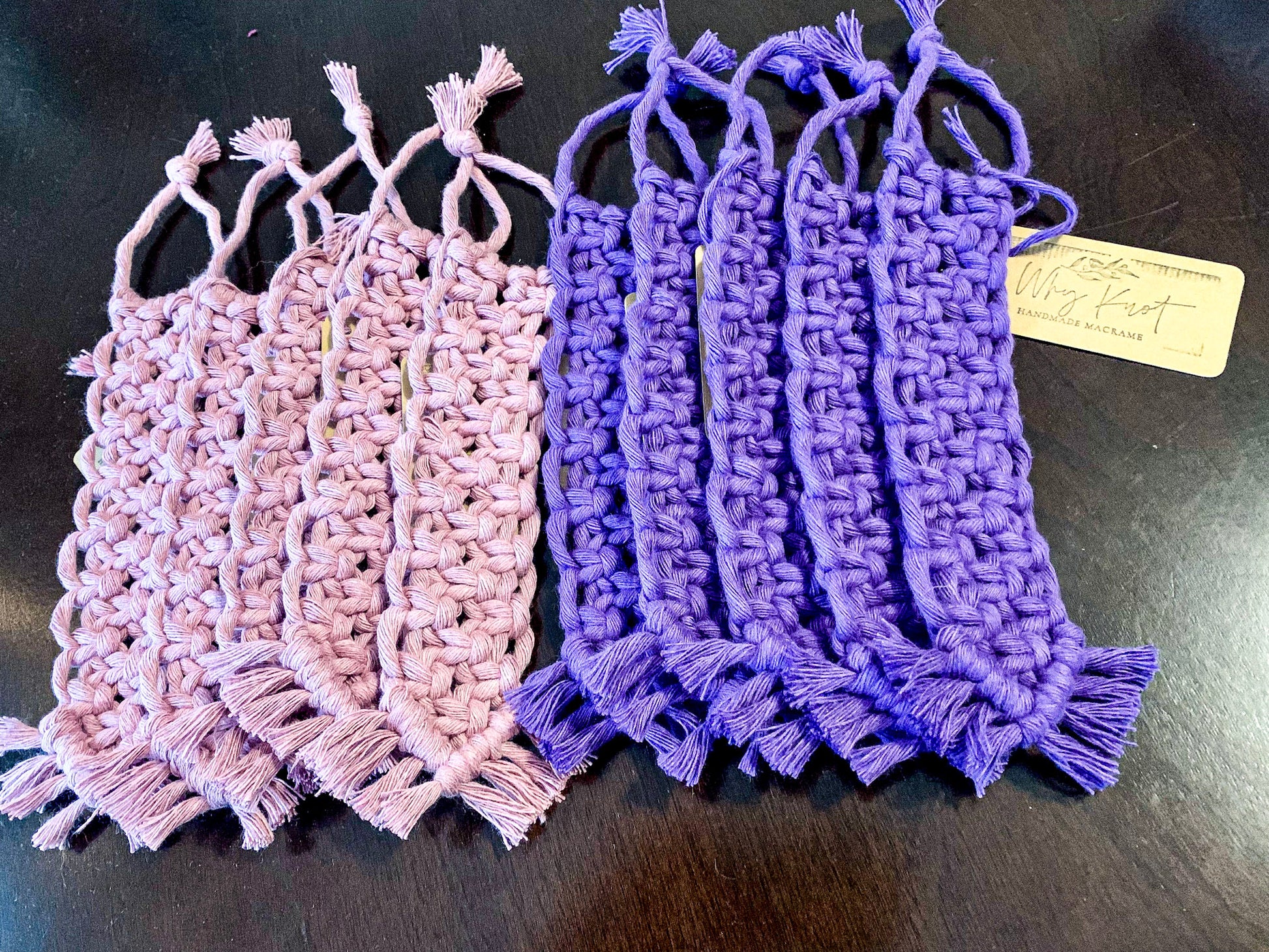 macrame bookmarks in Primrose and Deep Lilac