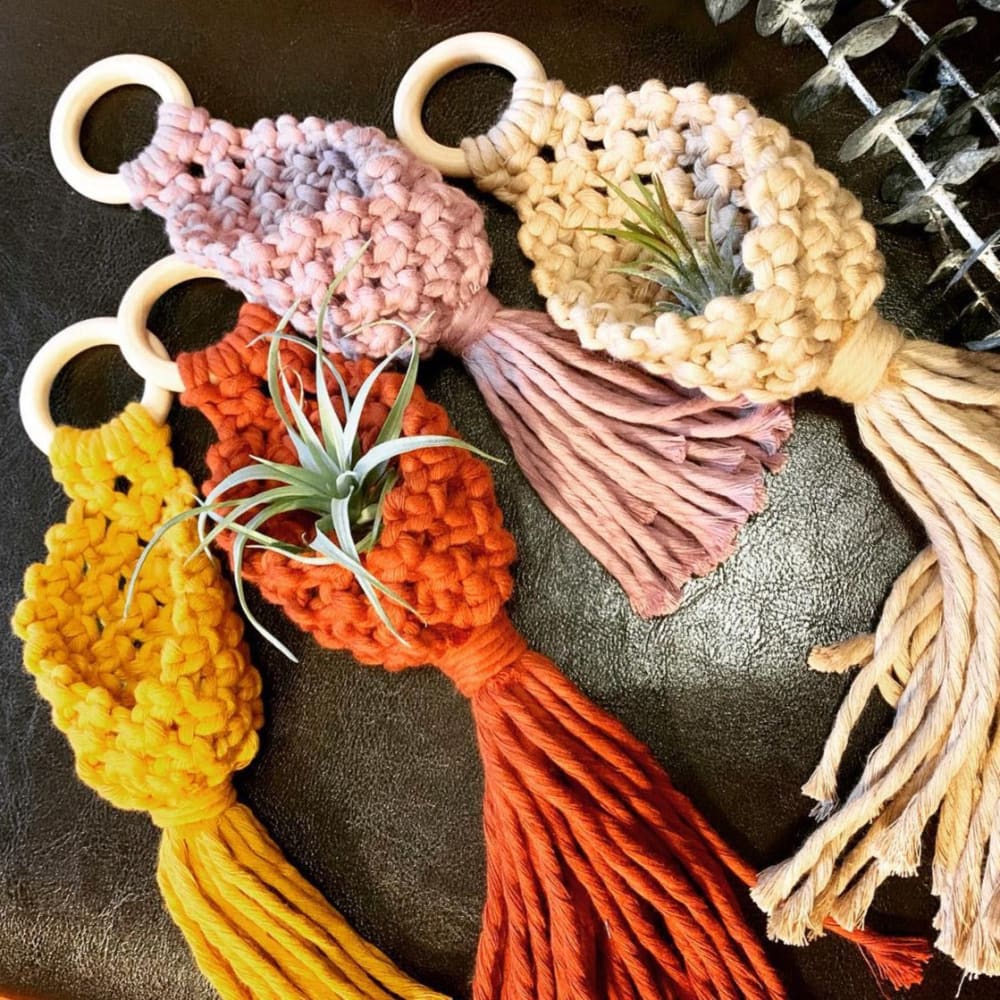 Photo of four air plant hangers affixed to individual wooden rings laid on a leather chair for looks in four different colors: Mustard yellow, Rust red, Purple and Tan. There are two air plants staged in the hangers. 